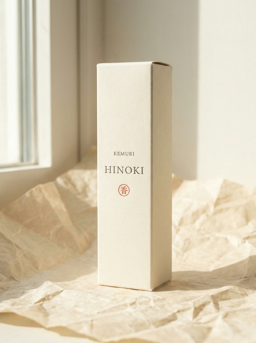 KEMURI Hinoki — cream incense box on washi paper