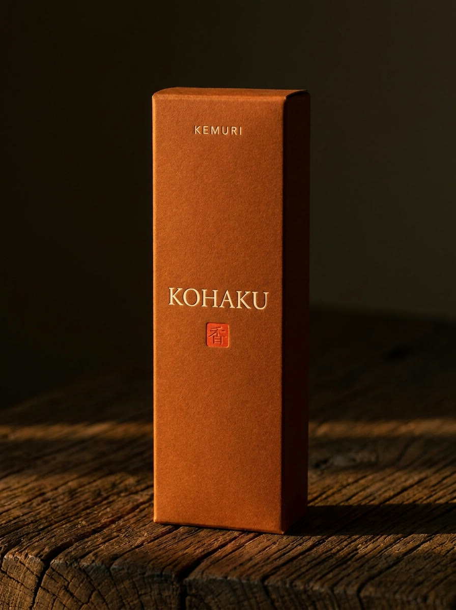 KEMURI Kohaku — amber incense box on aged wood
